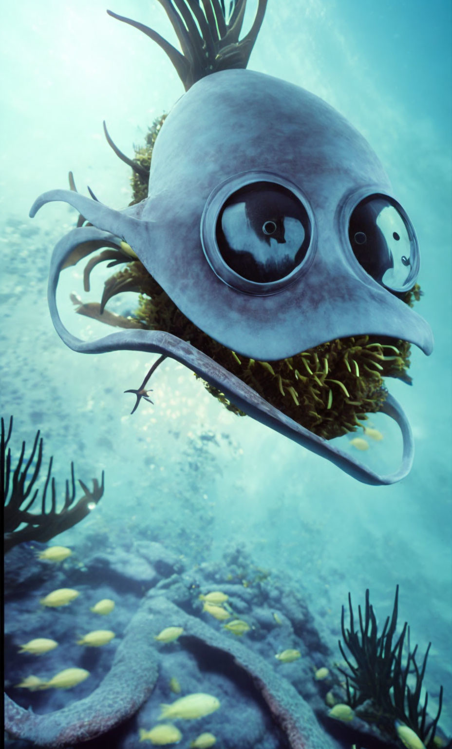 Whimsical underwater creature with big eyes and tentacles in aquatic setting