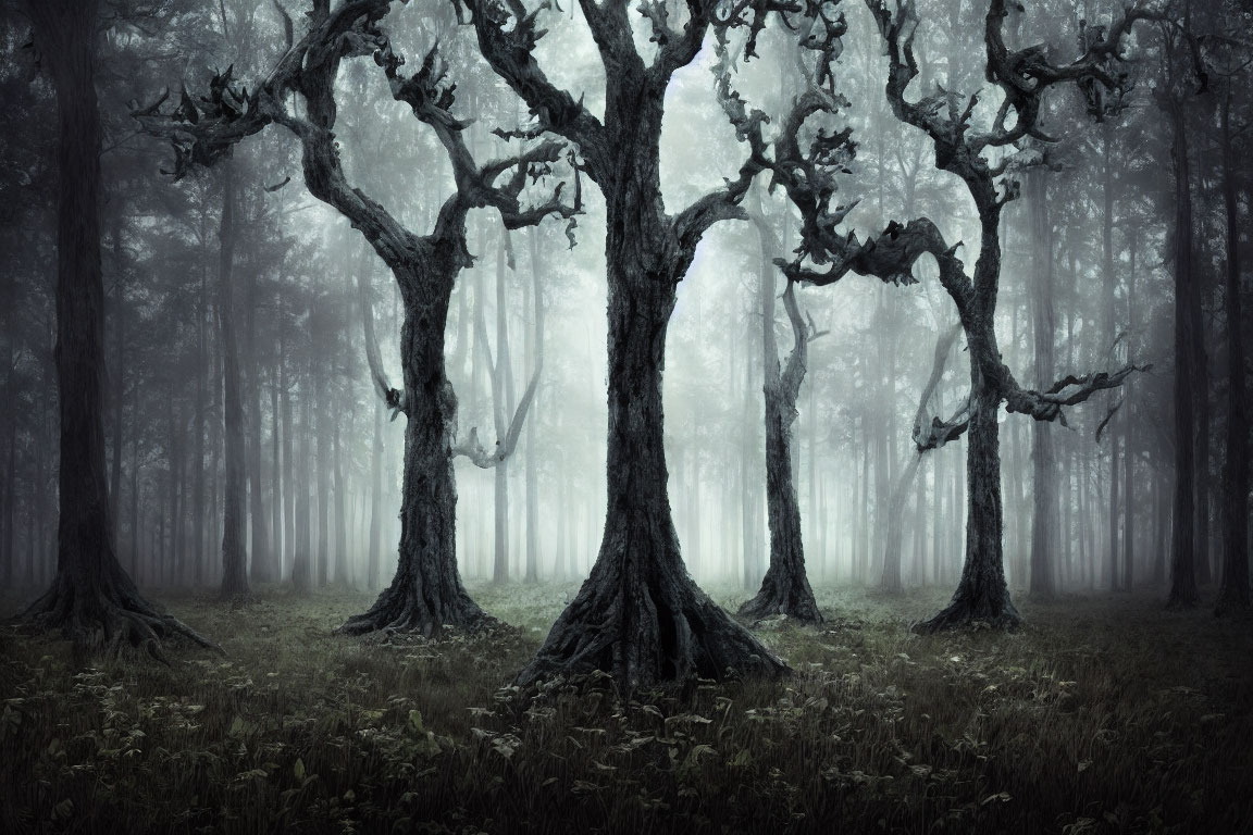 Ethereal foggy forest with ancient twisted trees & lush green ground