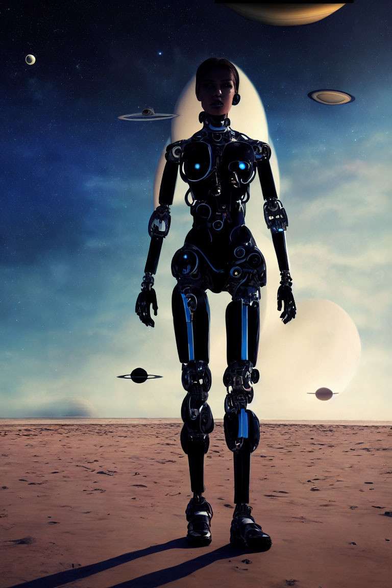 Humanoid robot on alien planet with large planets and moons in dusky sky