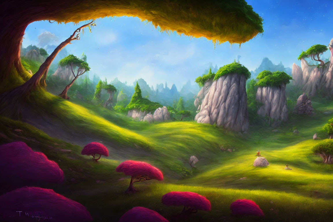 Colorful fantasy landscape with pink-topped trees and rocky outcrops