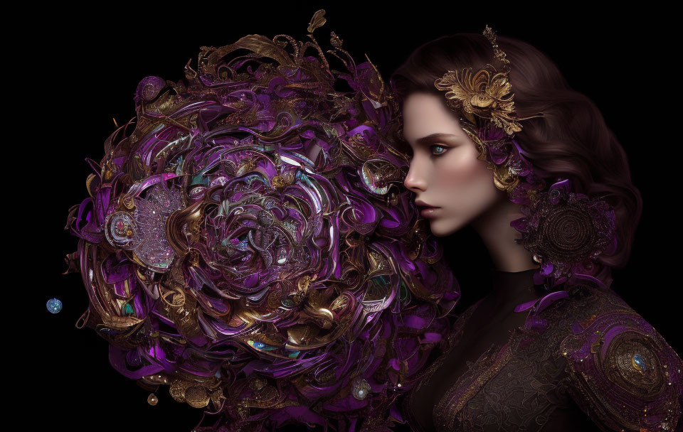 Baroque-inspired hairstyle with gold and purple embellishments