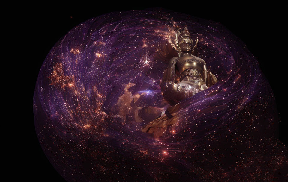 Metallic Buddha statue in cosmic purple nebulae and stars