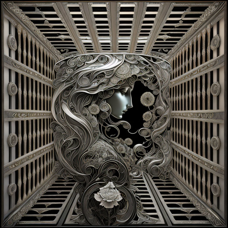 Stylized woman's profile with intricate hair patterns in metallic, geometric tunnel.