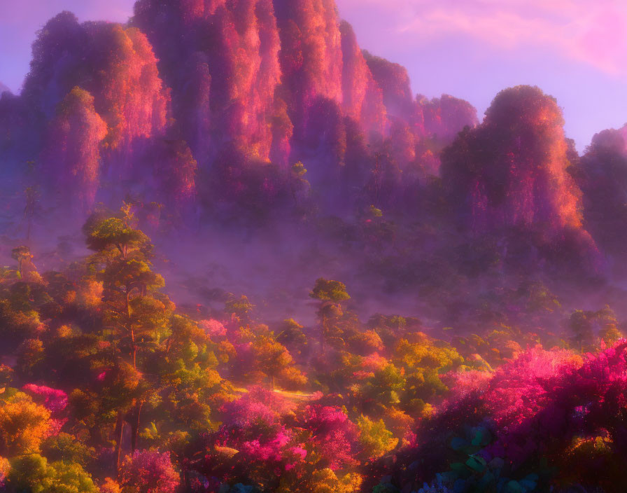 Vibrant Purple Mountains and Mystical Landscape with Glowing Pink Foliage