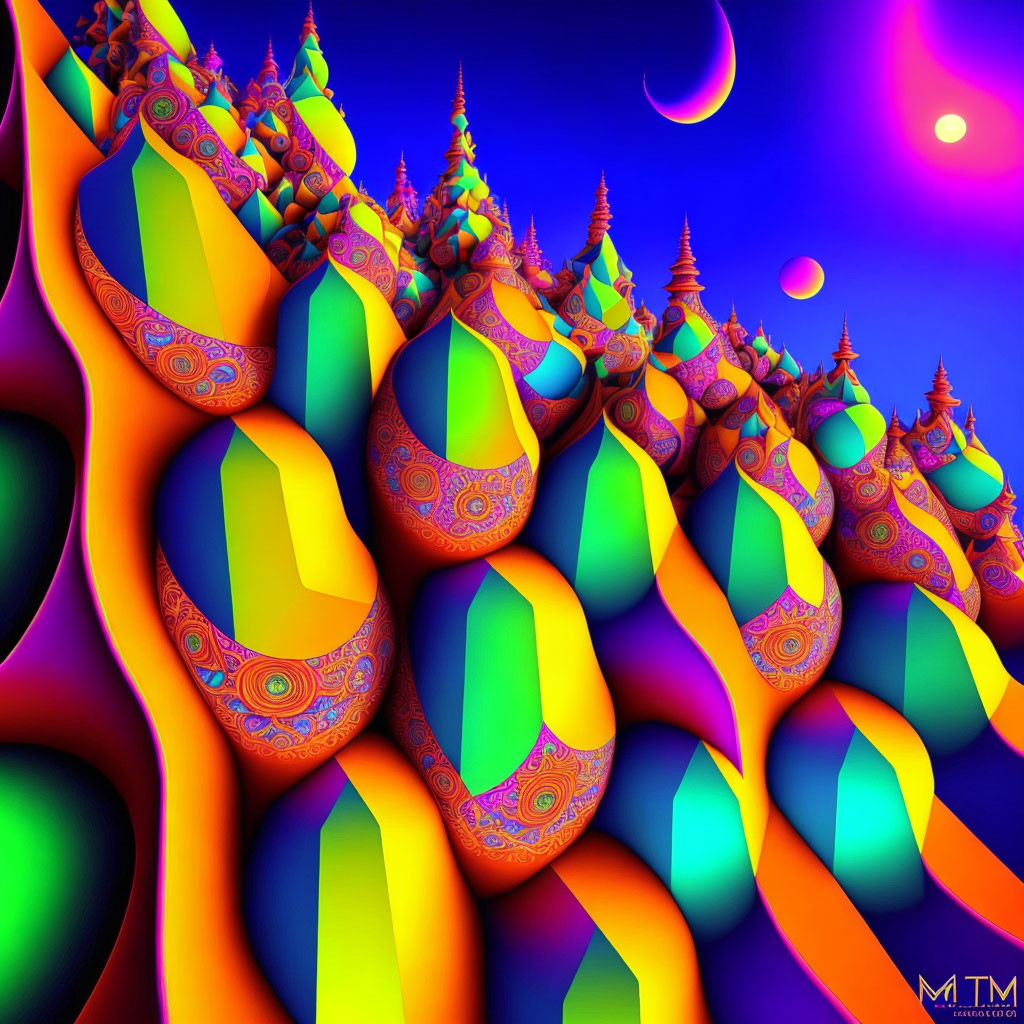 Colorful Fractal Landscape with Patterned Spires on Blue and Purple Sky