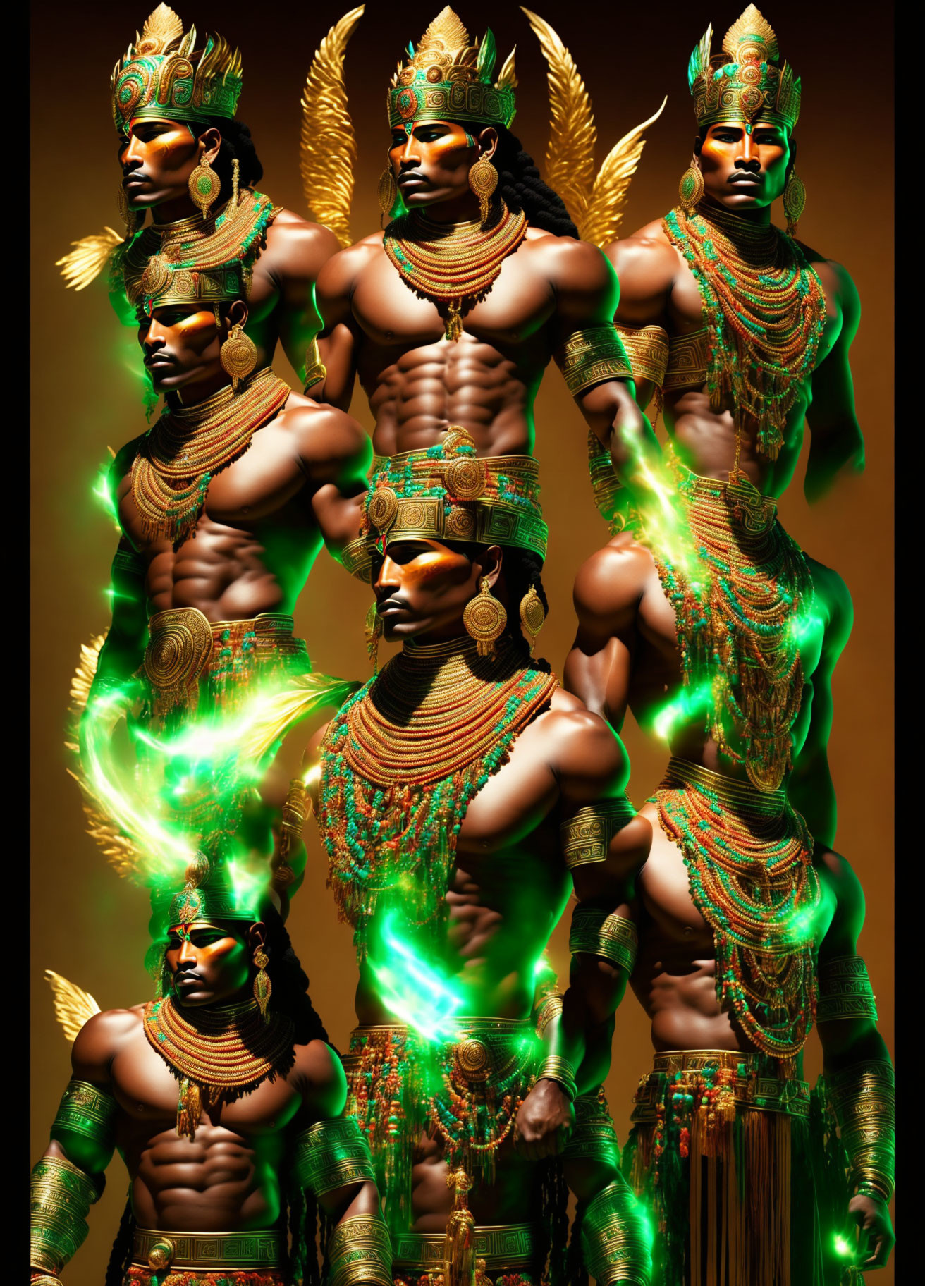 Four individuals wearing ornate gold headdresses and jewelry, with glowing green accents, against a dark backdrop