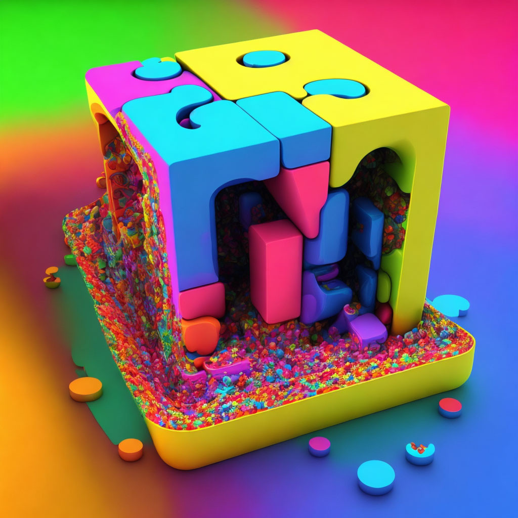 Colorful 3D cube with puzzle cutouts and particles