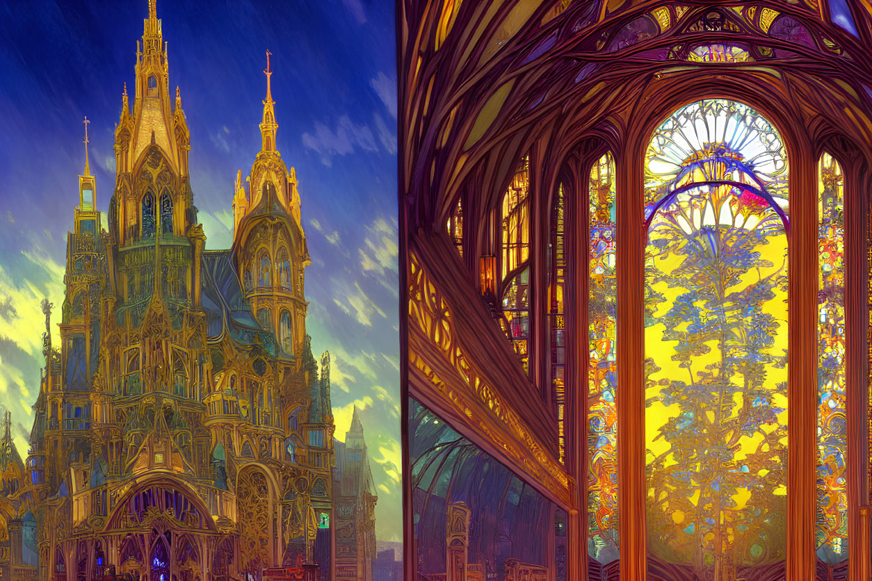 Fantasy cathedral with gothic architecture and stained-glass window at sunset