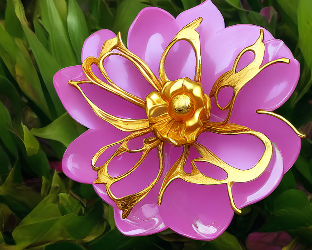 Pink and Gold Ornamental Flower on Green Leaves Background