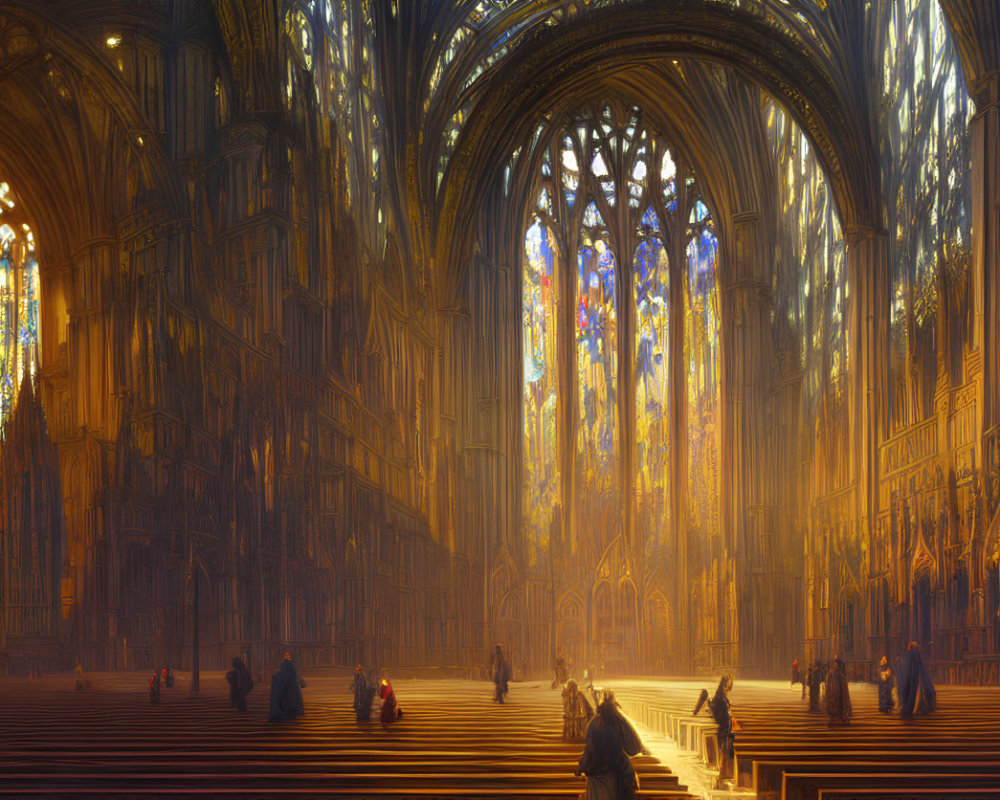 Gothic cathedral interior with stained glass windows and sunlight