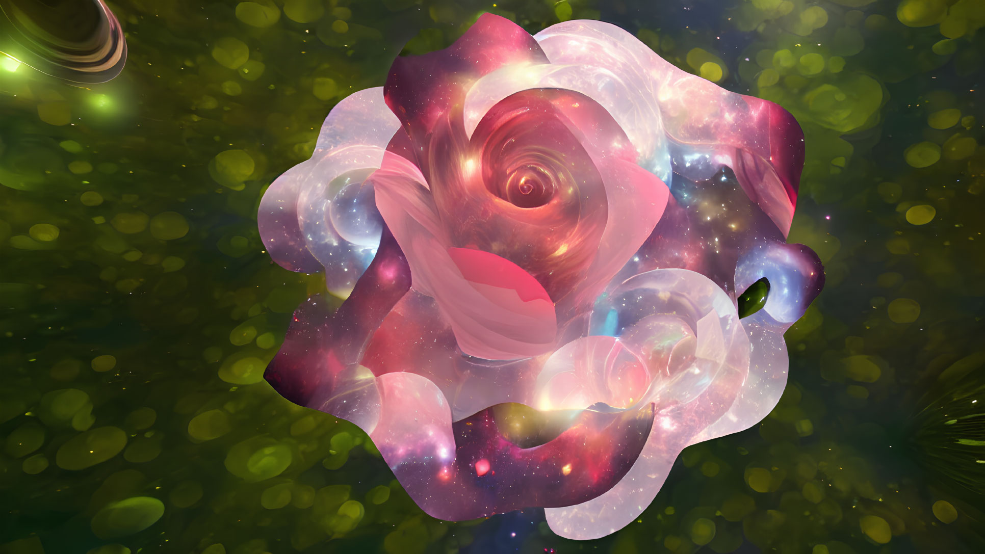 Cosmic rose blending into starry nebula on warm bokeh background