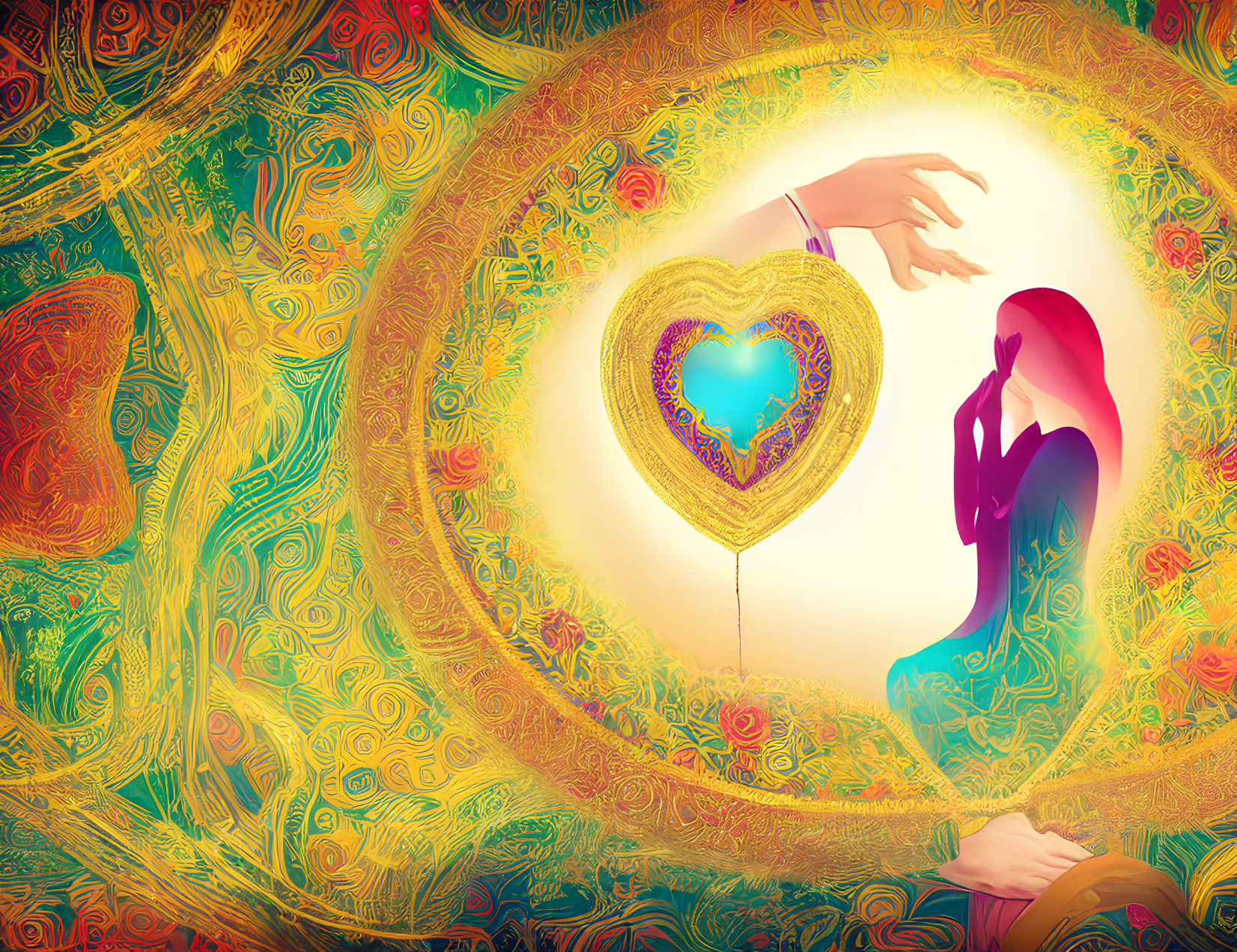 Woman holding heart-shaped balloon in vibrant illustration