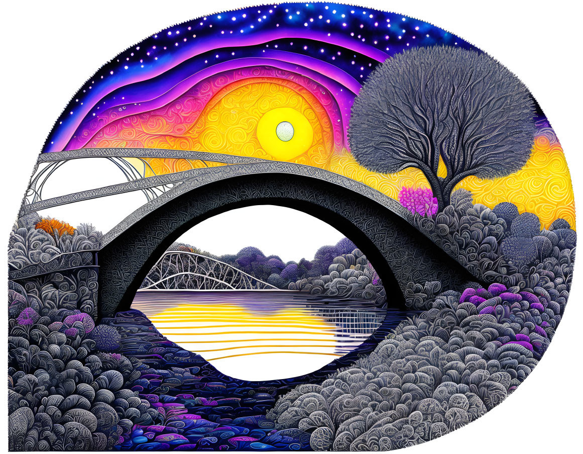 Circular Artwork: Starry Night Sky & Sunset Reflections Under Bridge