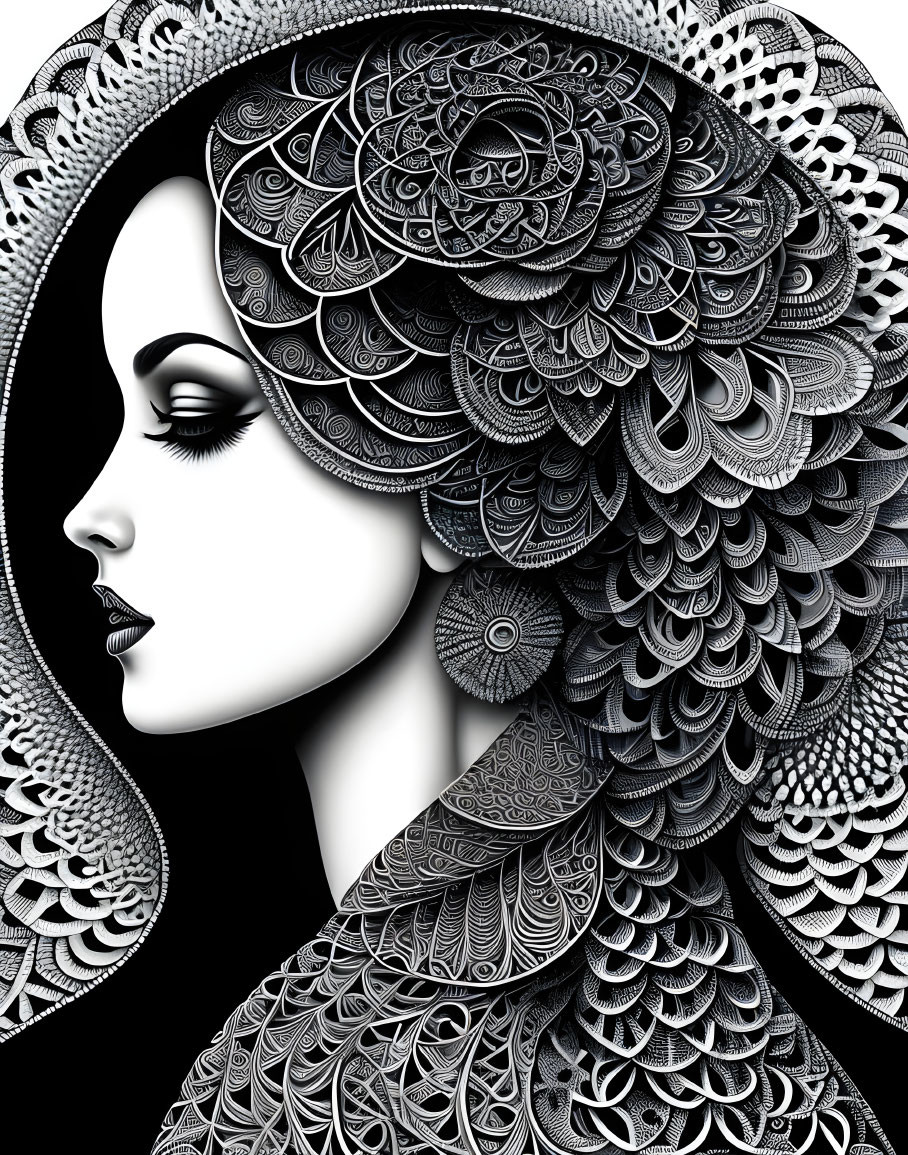 Monochrome illustration of woman with lace patterns and rose motif