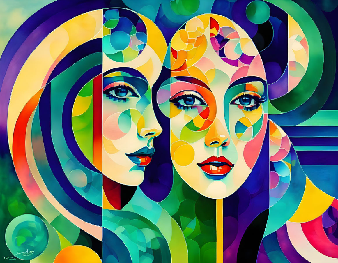 Abstract, Colorful Art: Two Women's Faces with Swirls and Circles