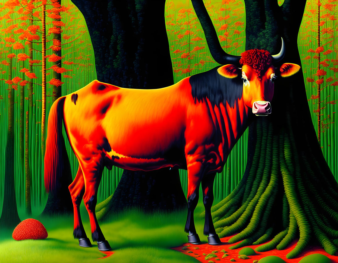 Colorful Bull in Surreal Forest Setting with Patterned Grass