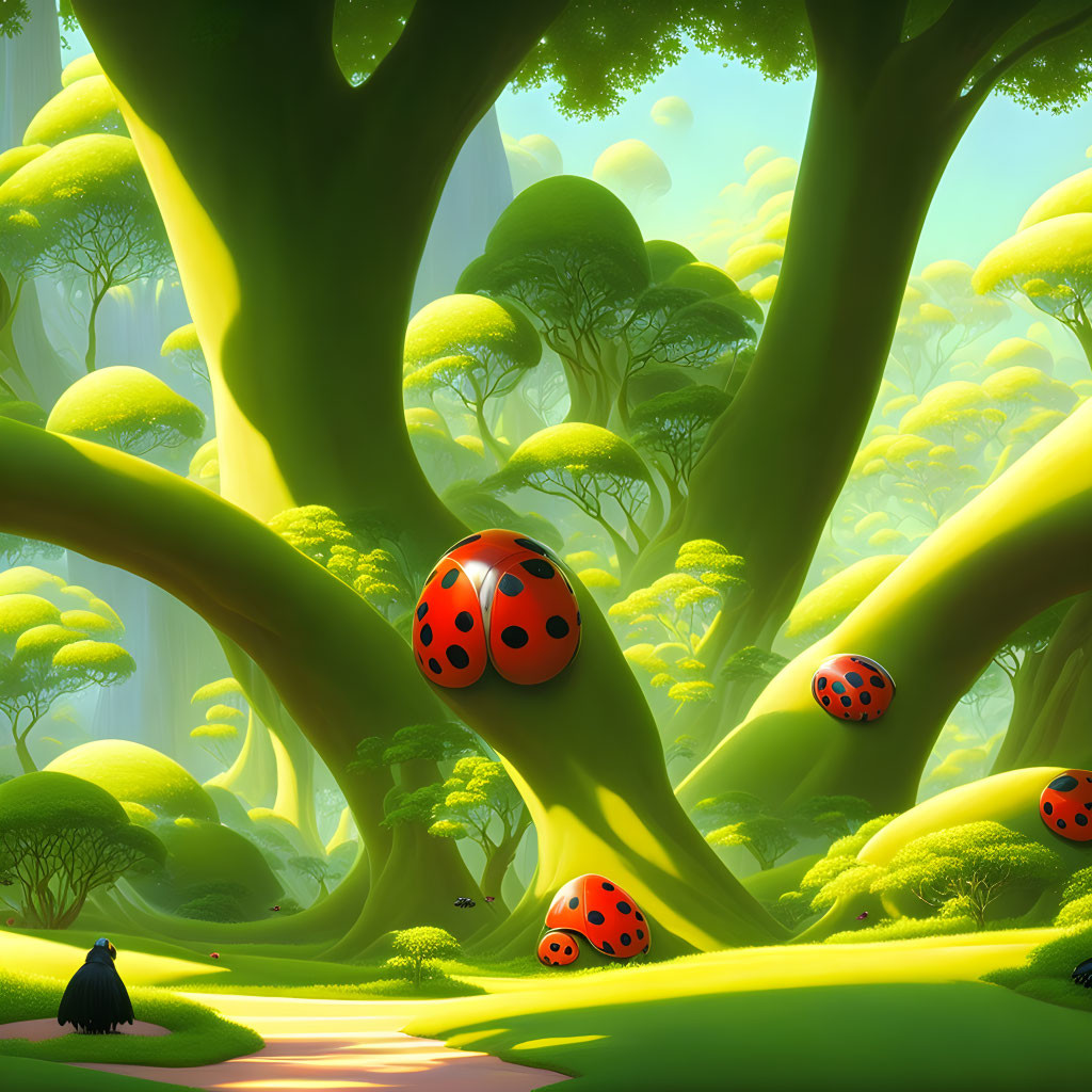 Enchanting forest scene with oversized ladybugs, lush canopy, fog, and winding path