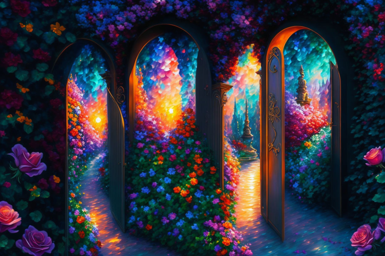 Colorful Arched Doorways in Flower-Lined Passage with Mystical Landscapes