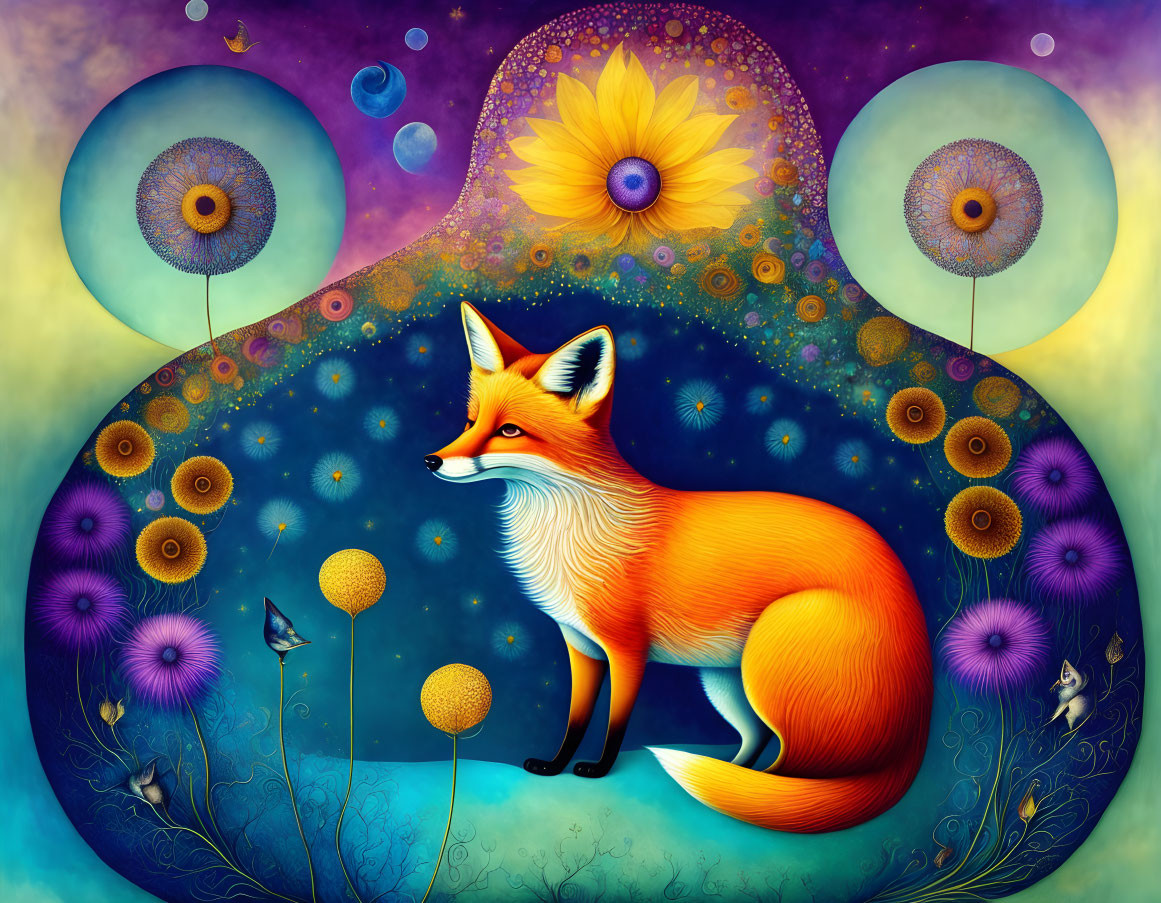 Colorful Fox in Cosmic Garden with Stylized Flora