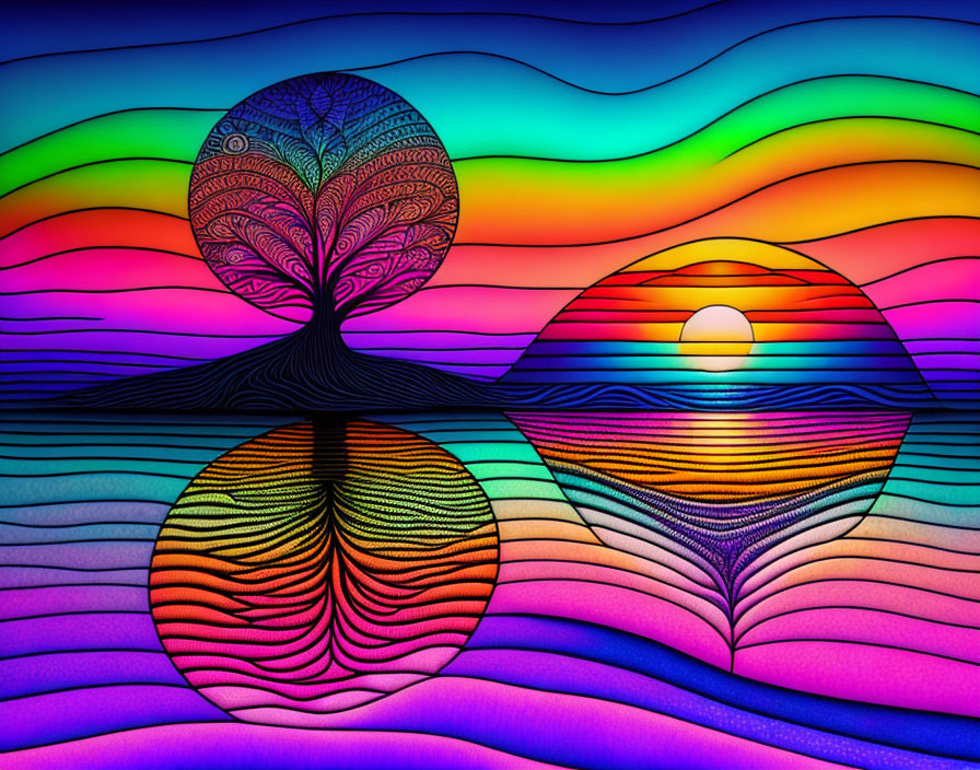 Colorful Stylized Tree Reflection in Sunset Landscape