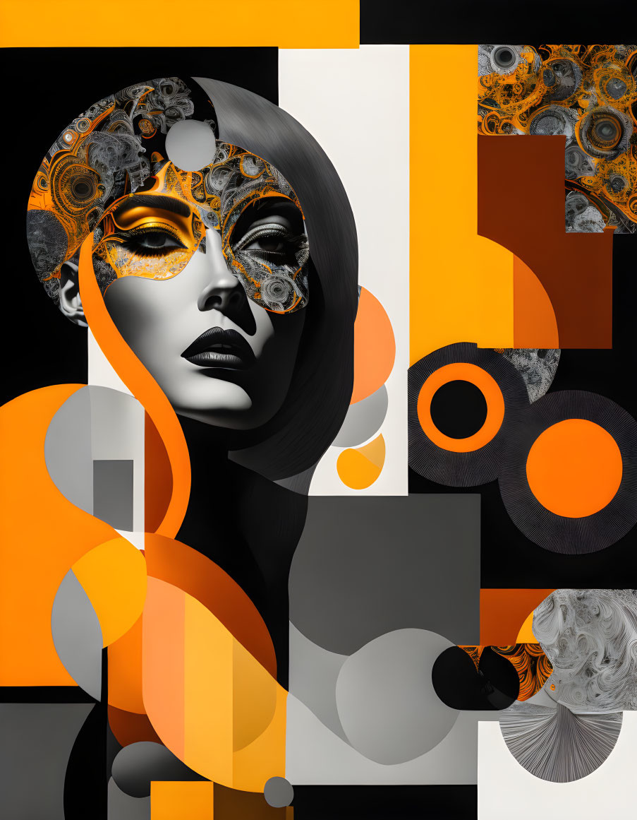 Surrealist digital artwork of female figure with clockwork mask surrounded by abstract shapes