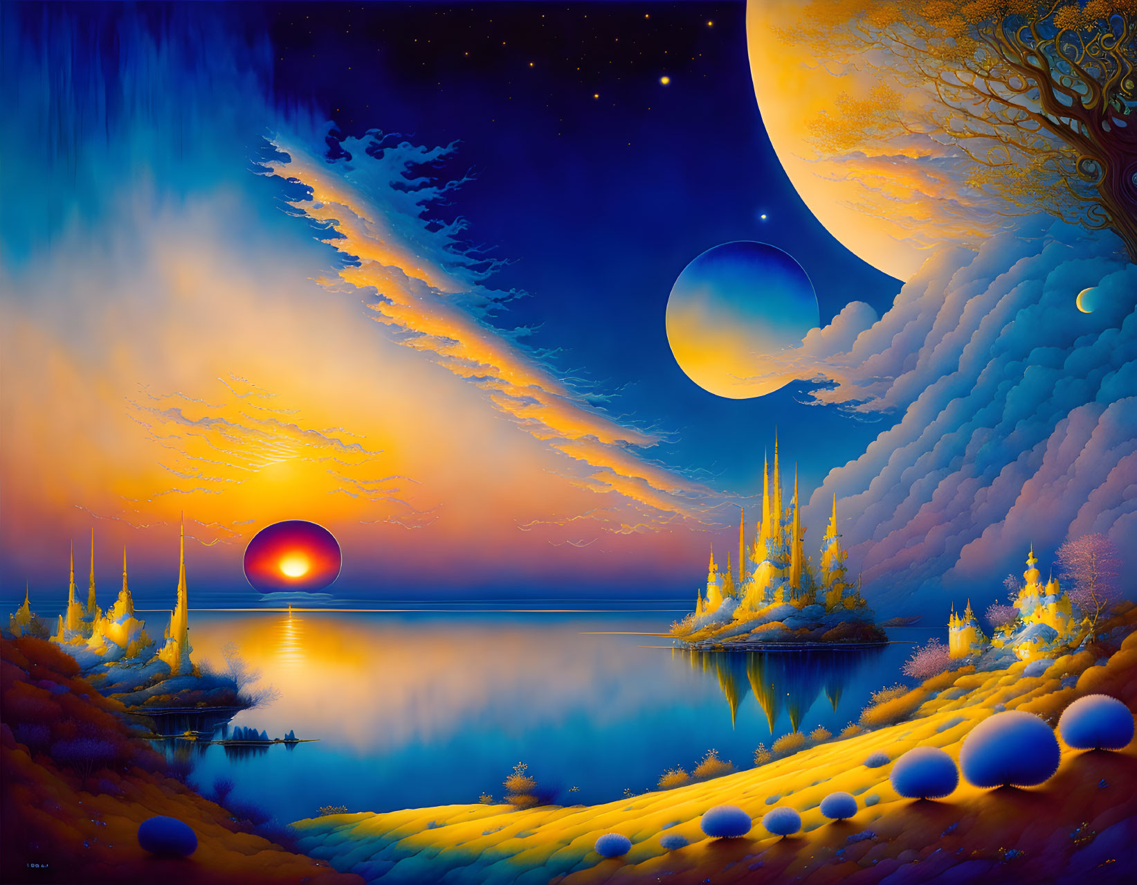 Fantasy landscape with large moon, sunset, whimsical trees, reflective water, and otherworldly