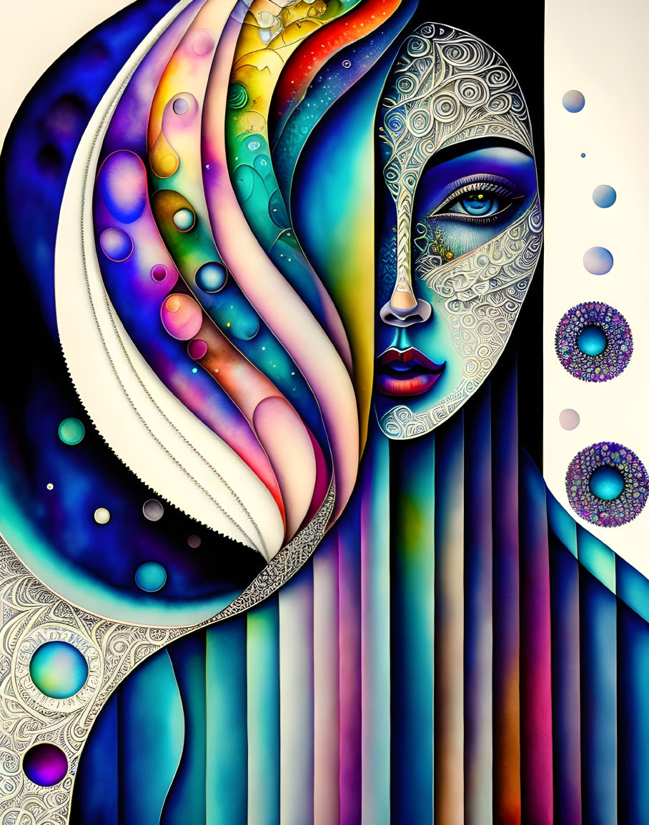 Colorful Abstract Artwork: Stylized Female Face with Cosmic Elements