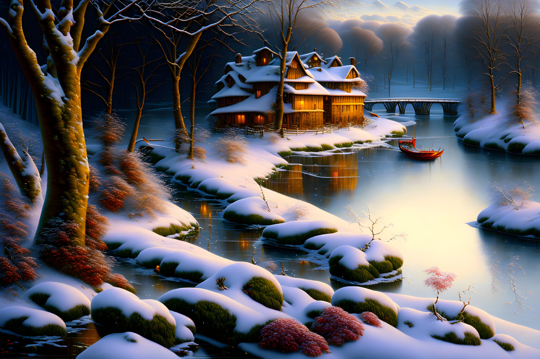 Snow-covered riverbank with wooden house and canoe at dusk