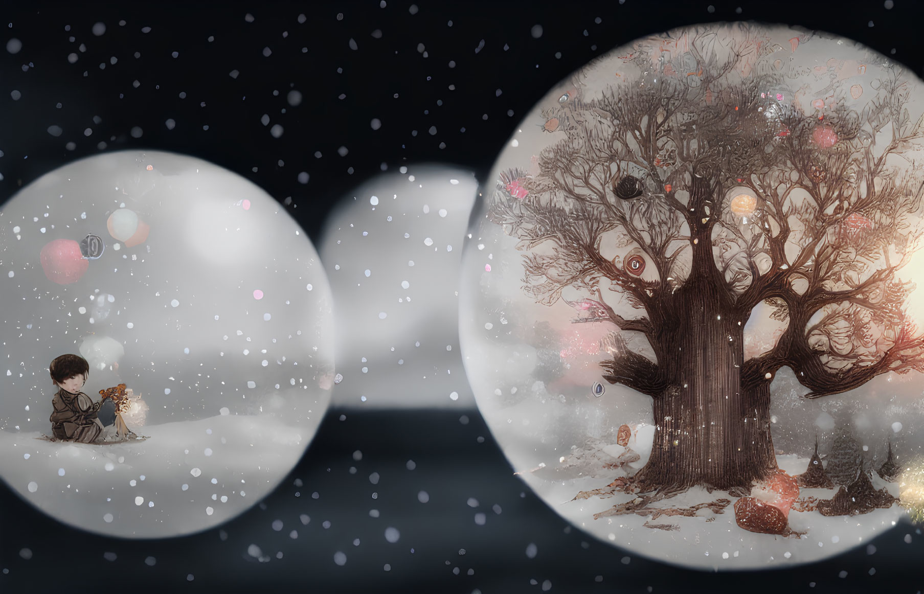 Child and dog under glowing tree with snowflakes - whimsical illustration