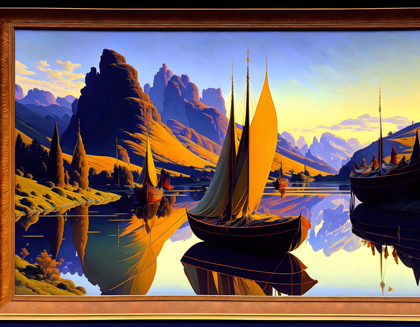 Digital painting of sailboats on tranquil lake with mountains in ornate frame