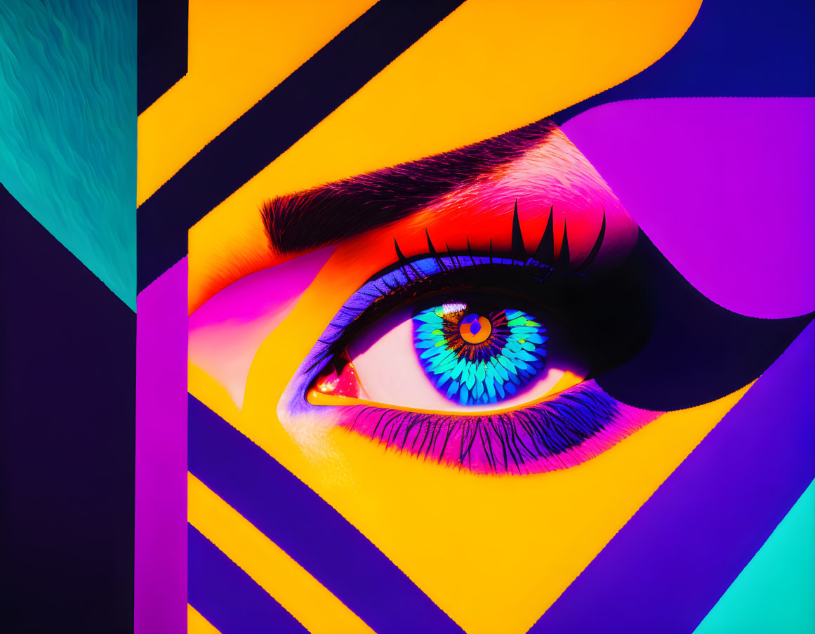 Vividly colored eye with bright blue iris in abstract digital artwork
