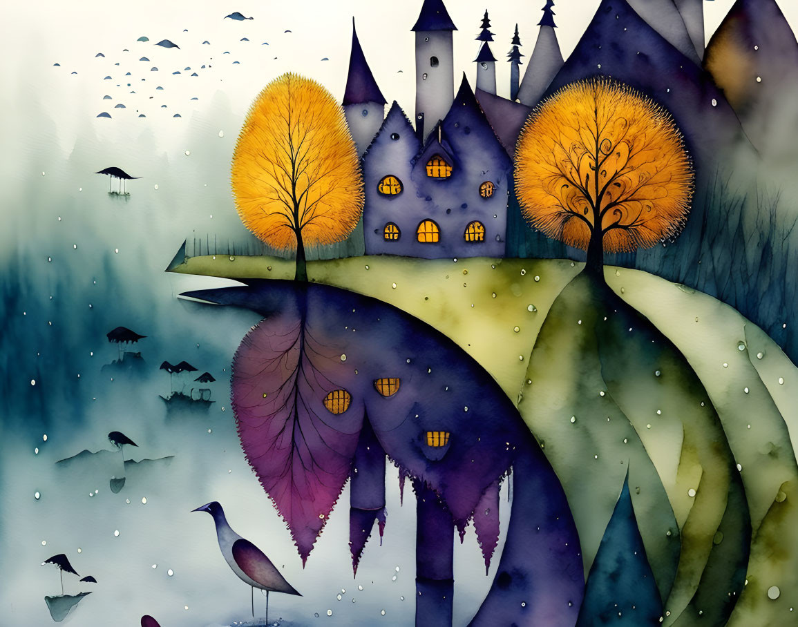 Colorful watercolor painting of fantastical landscape with castle and upside-down reflections.