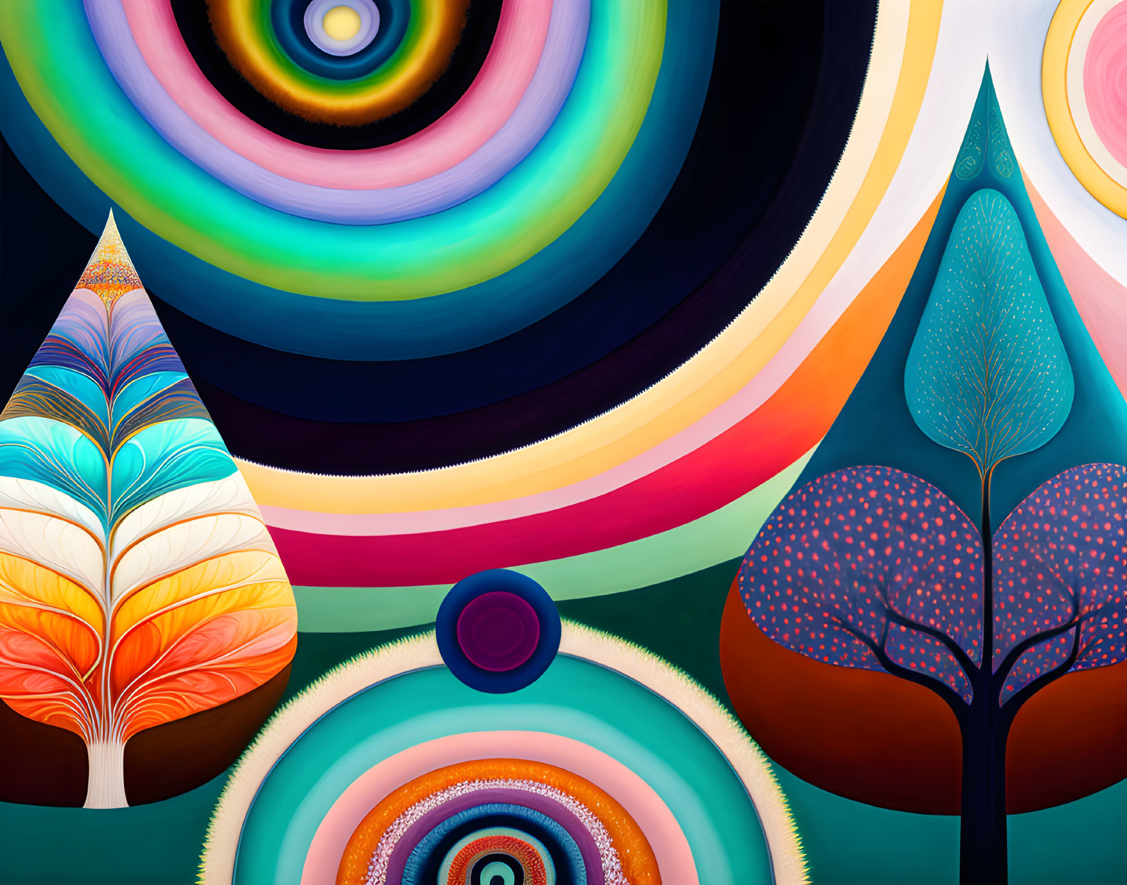 Vibrant abstract art featuring stylized trees and swirling patterns