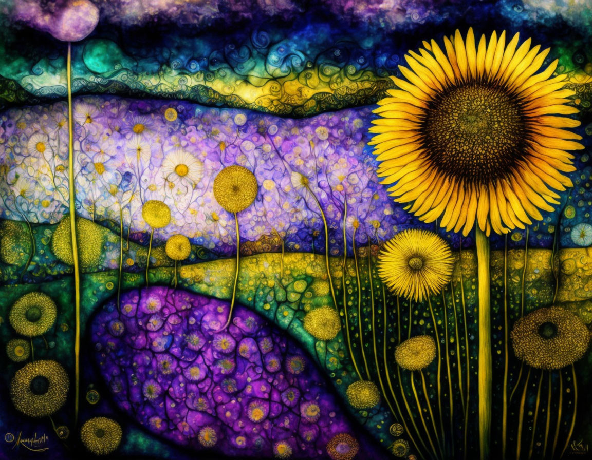Colorful sunflower field artwork with prominent flower