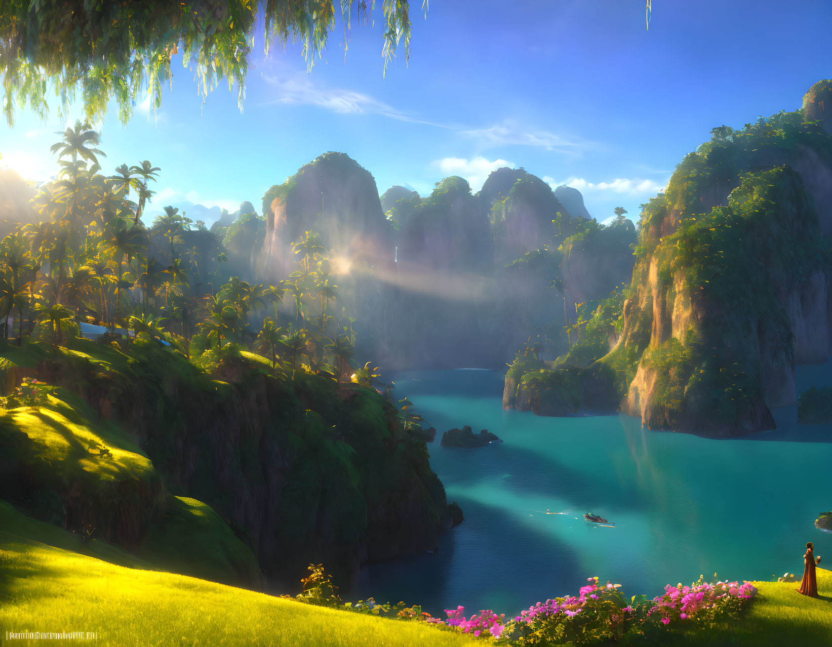 Tranquil landscape with lush greenery, towering cliffs, serene lake, sunshine, and a couple