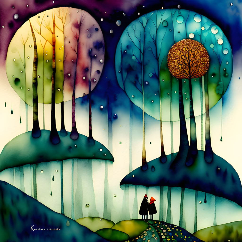 Colorful painting: Two figures under umbrella in whimsical setting blending autumn and monsoon themes