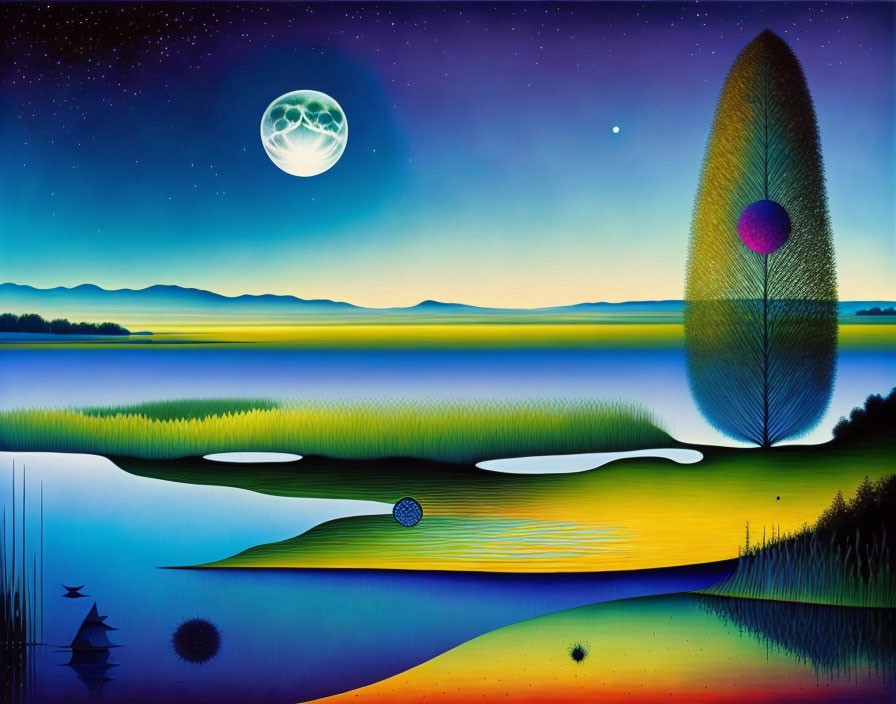 Vibrant surreal landscape: leaf-shaped tree, full moon, starry sky