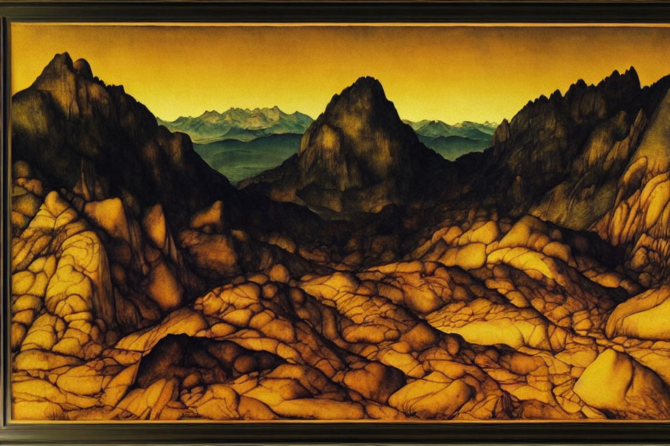 Mountainous Landscape with Vein-Like Patterns in Sepia and Golden Tones