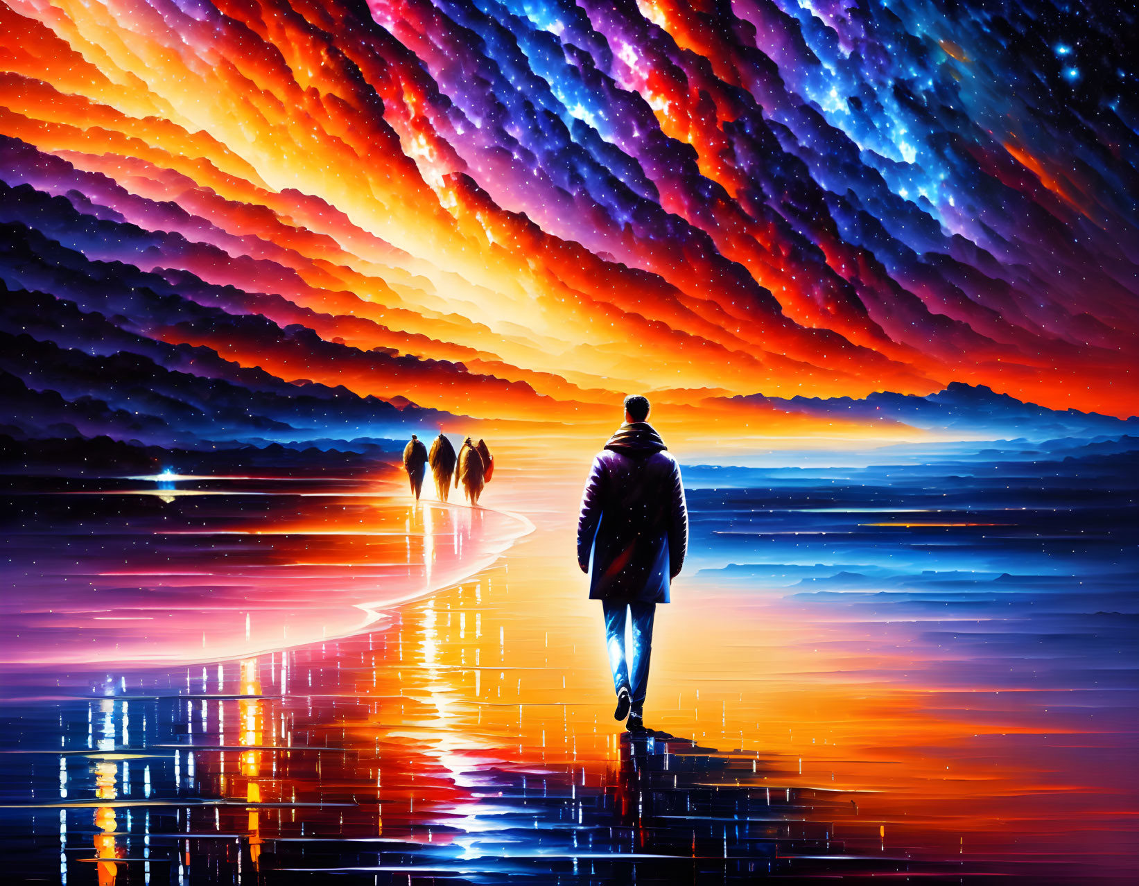 Person walking on reflective surface towards vibrant, colorful horizon with animal silhouettes.