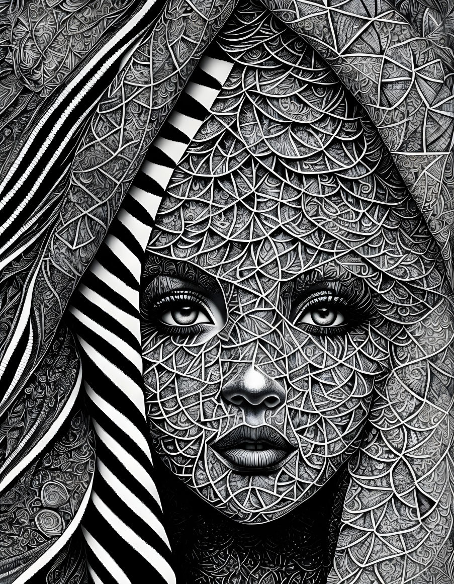 Monochrome digital artwork: Woman's face with intricate patterns and textures