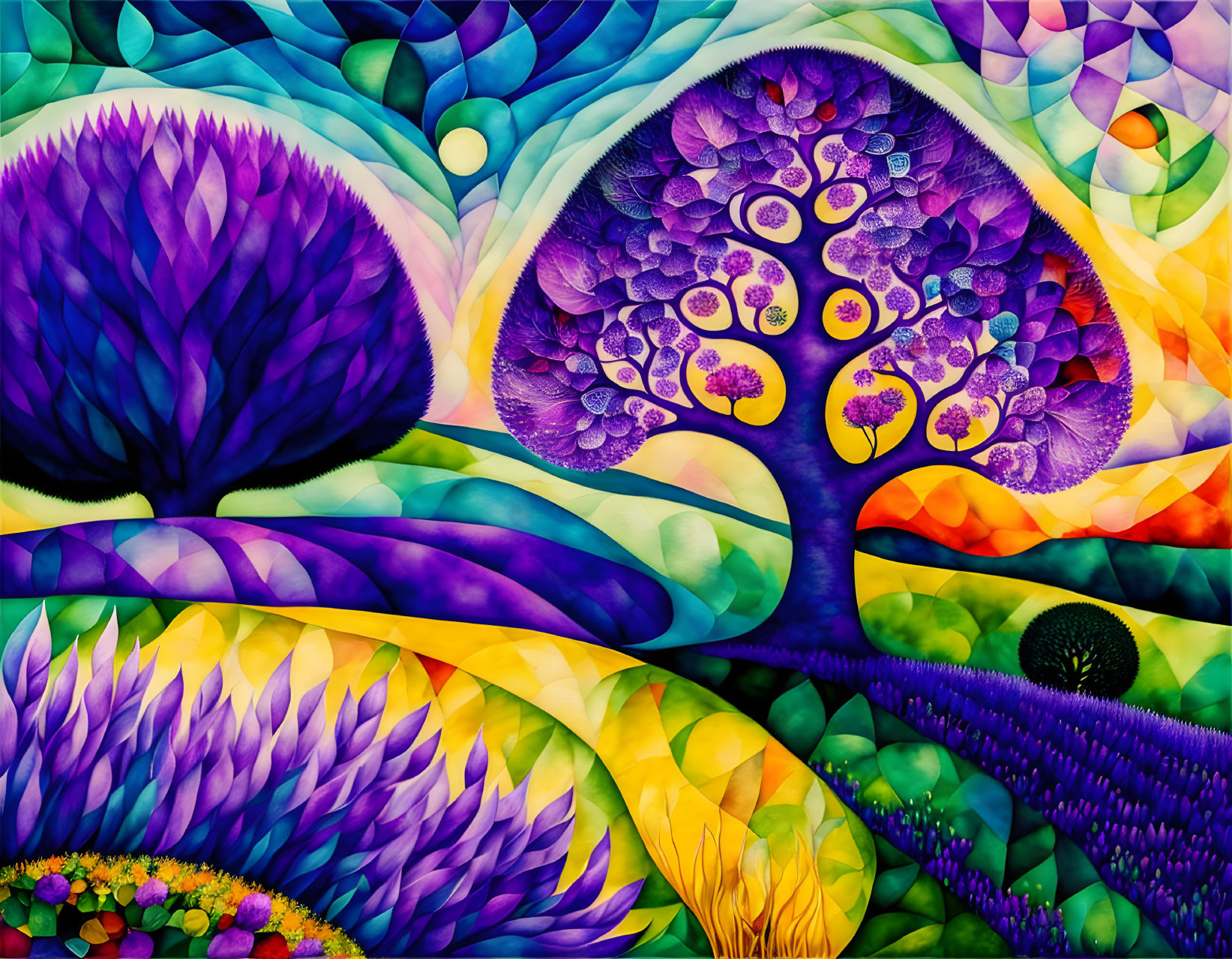 Colorful Abstract Painting with Tree and Circular Patterns on Flowing Background