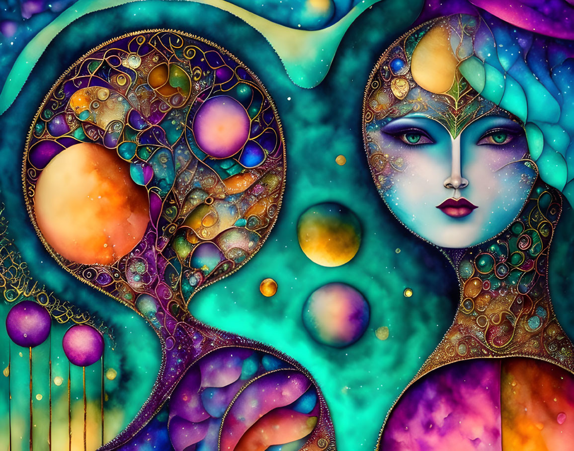 Colorful surreal artwork: stylized woman's face with cosmic elements