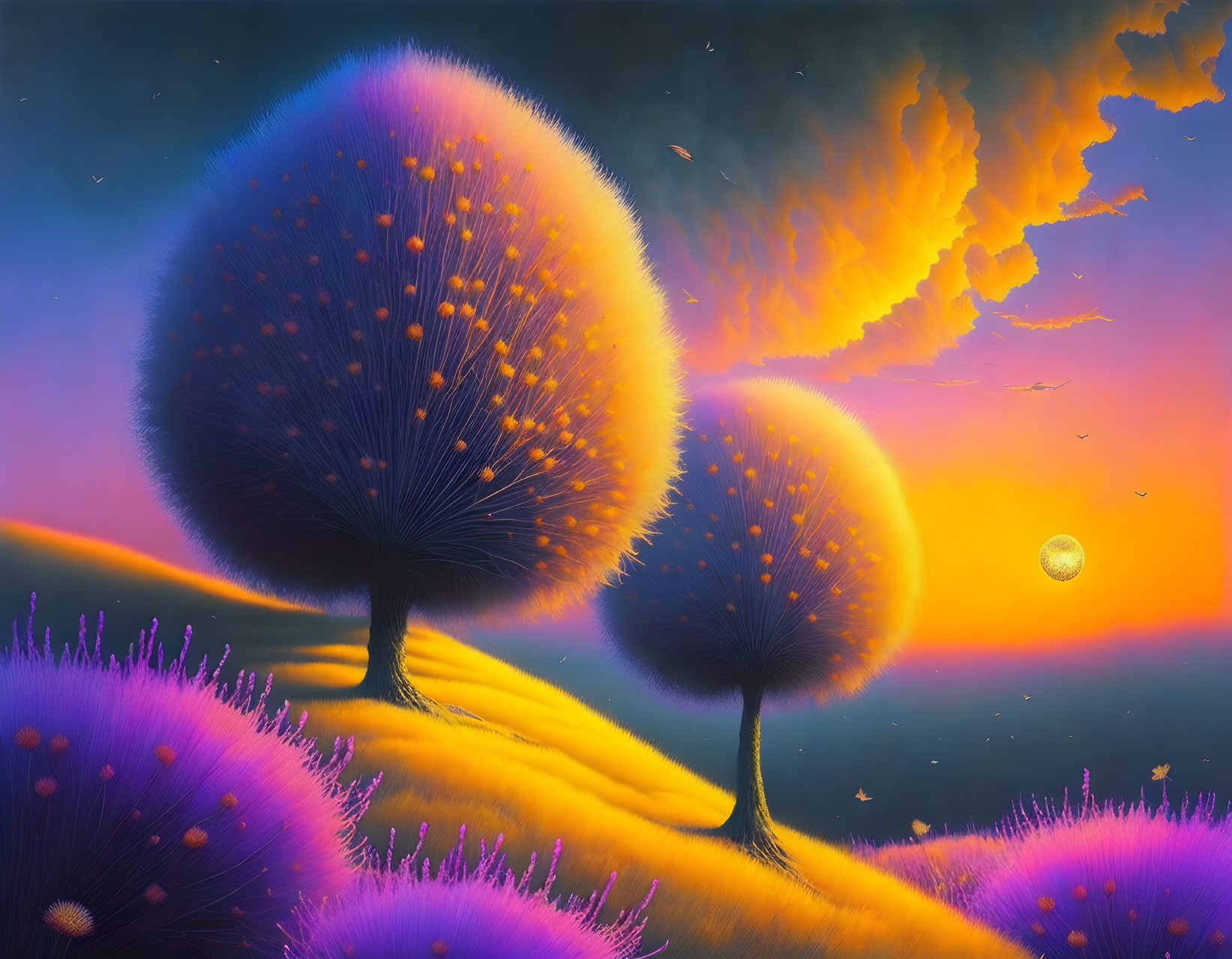 Colorful surreal trees in digital art against orange and blue sky