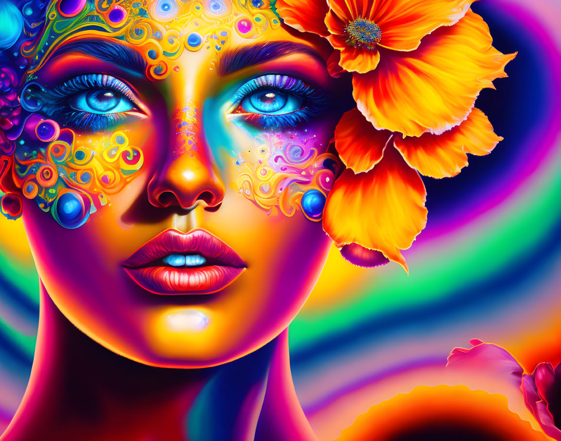 Colorful digital portrait of a woman with intricate patterns and orange flowers