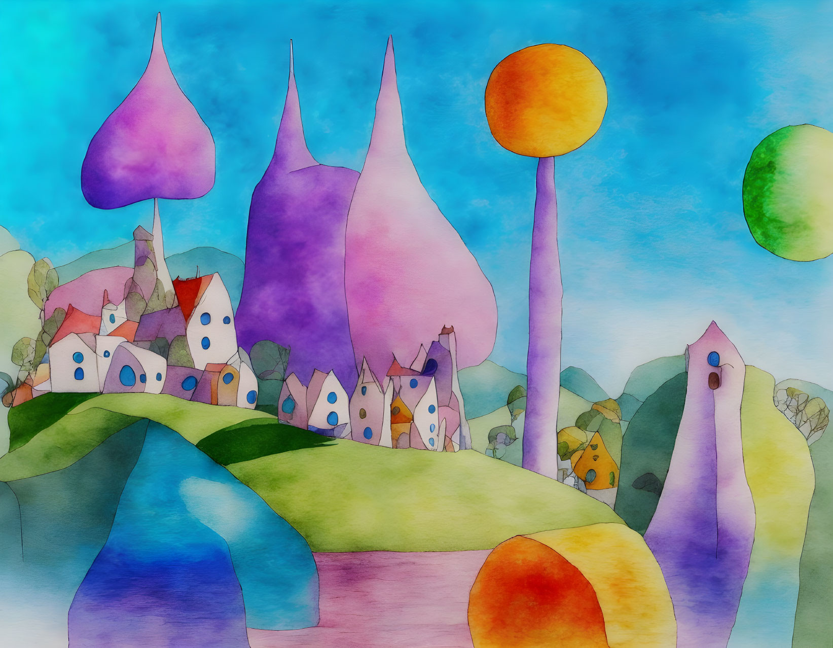 Colorful Watercolor Landscape with Abstract Trees and Quaint Houses