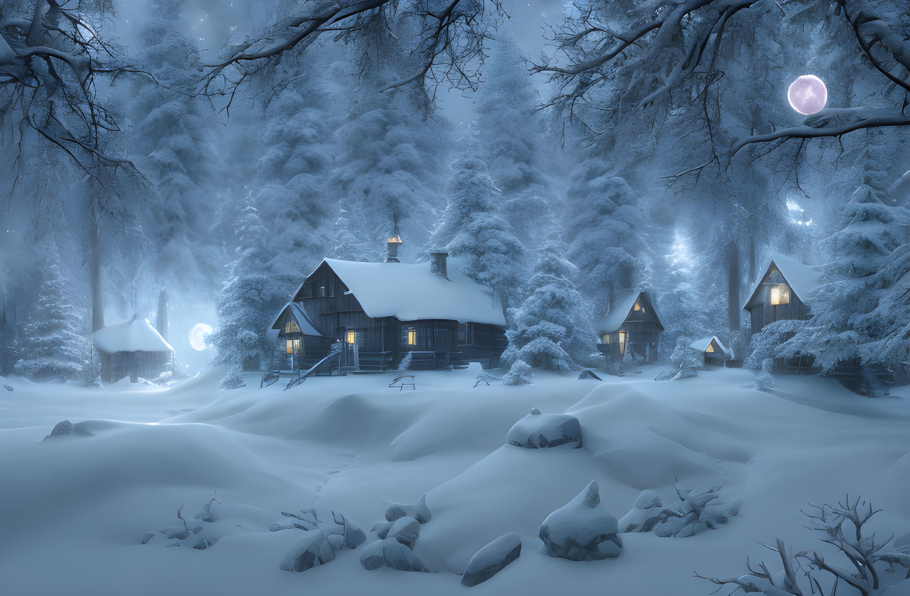 Snow-covered trees and houses under full moon on serene winter night