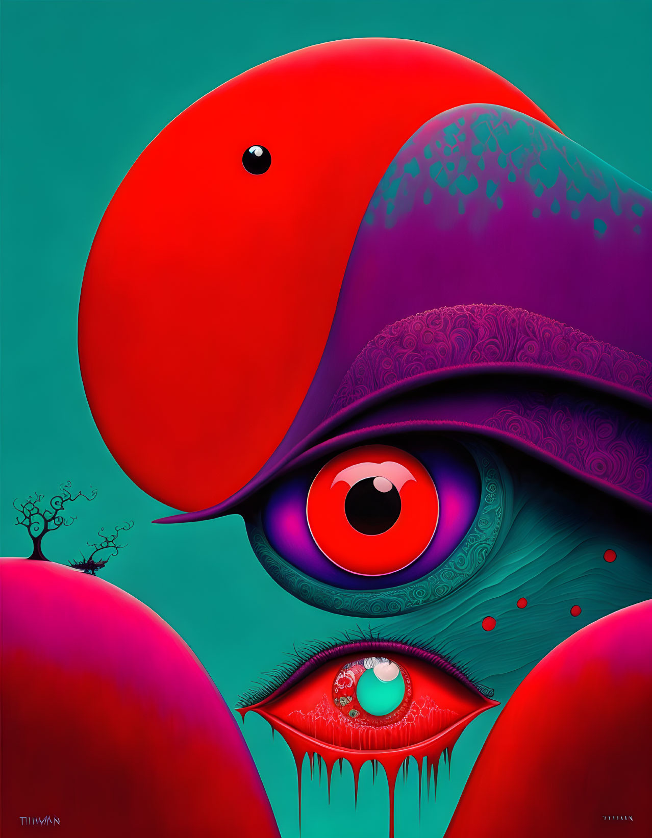 Colorful abstract digital artwork with large red shape and surreal face.