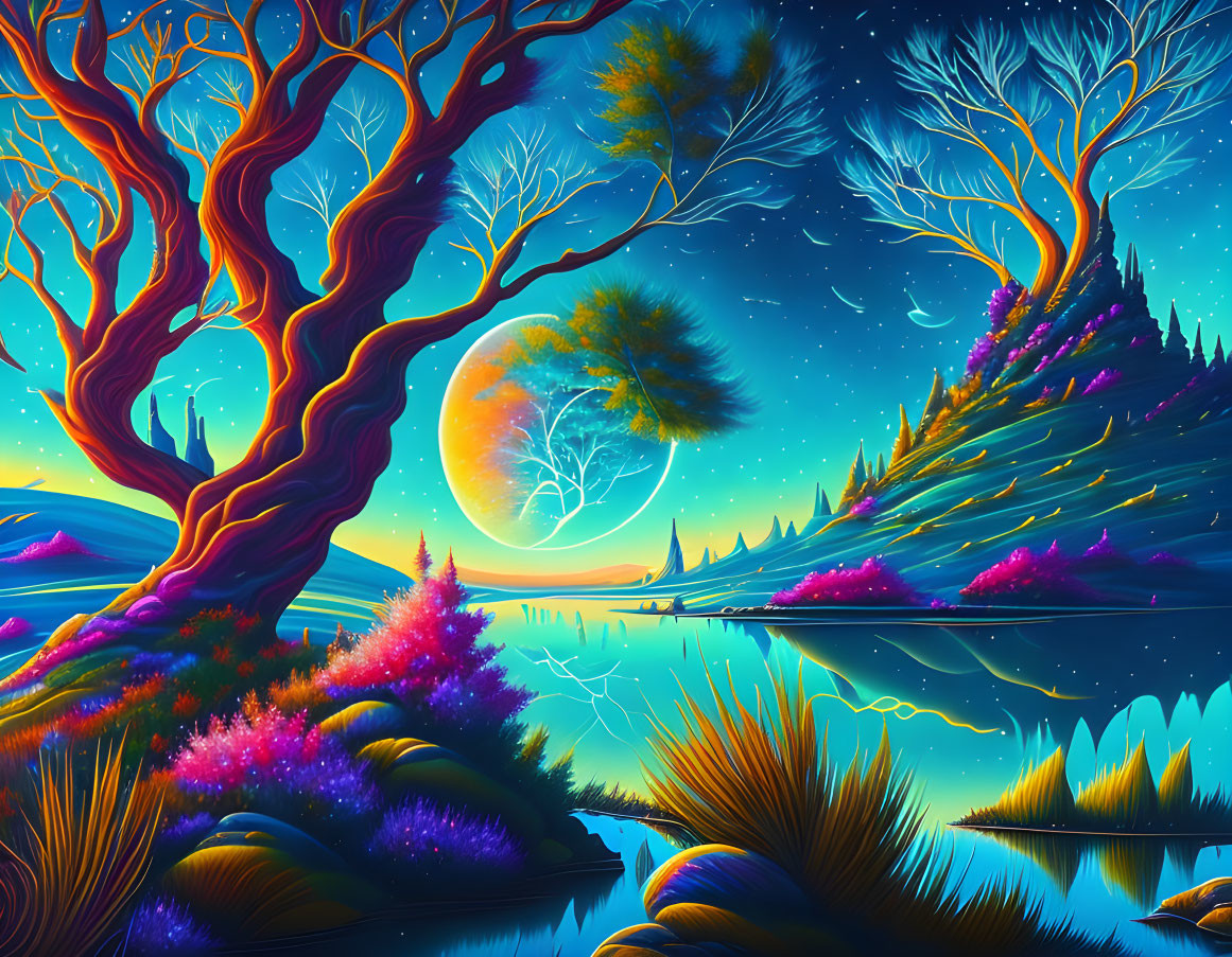 Fantasy landscape: twisted trees, large moon, sparkling river, luminous plants, starry sky