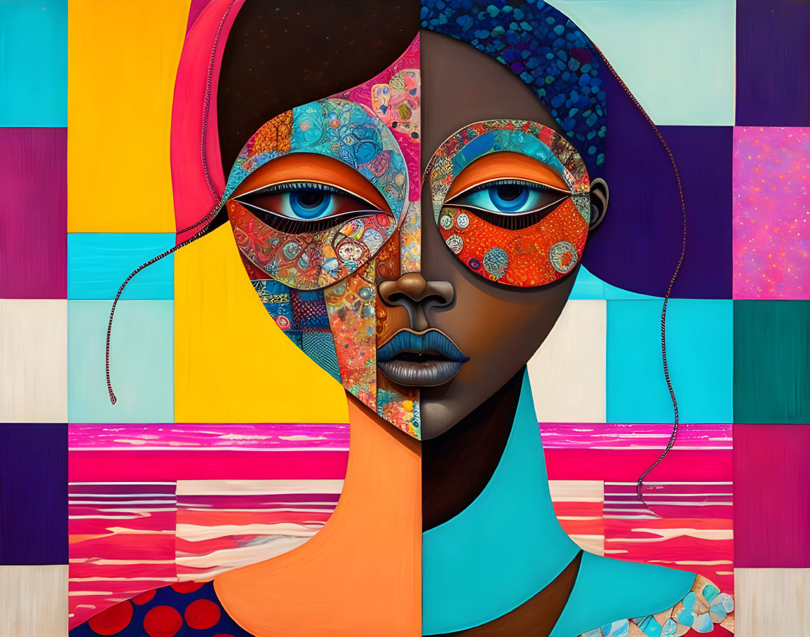 Vibrant split-face artwork of a woman with patterned and solid blue sides against a geometric backdrop