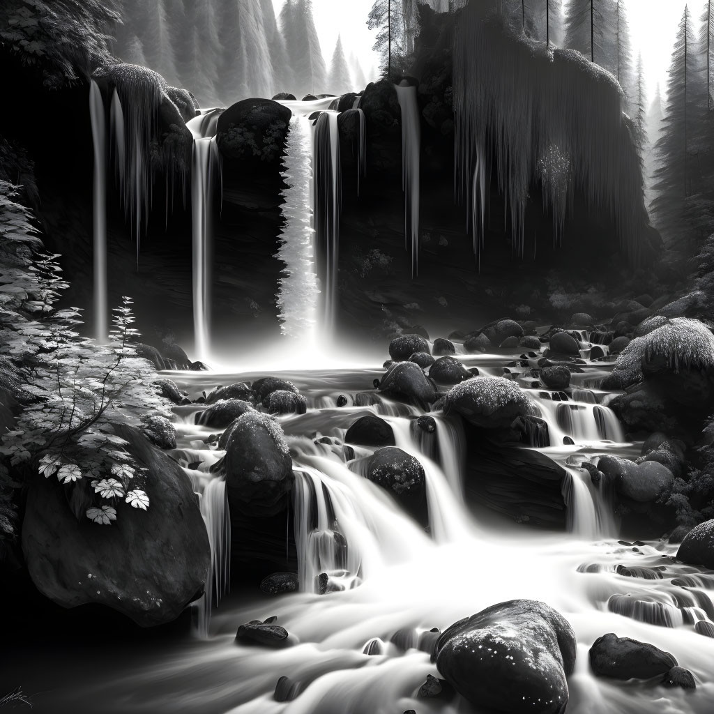 Monochromatic landscape with serene waterfall, river, rocks, misty woods.
